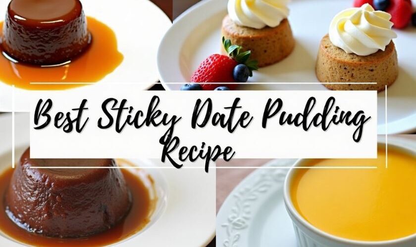 A picture showing best Sticky date pudding recipe on surrounded by pudding