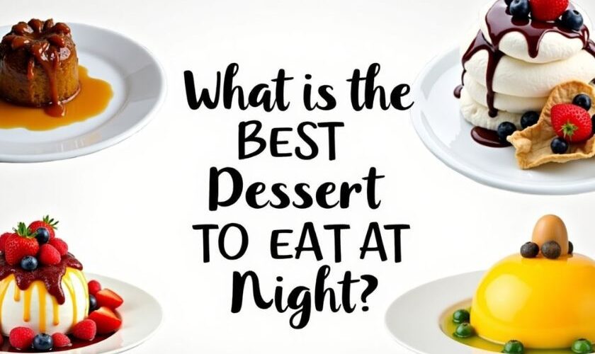 A picture displaying What is the Best Dessert to Eat at Night in a white background with foods around