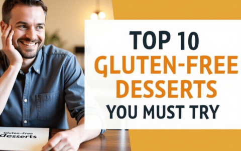 A image displaying a happy man sitting with menu displaying top 10 gulten-free desserts