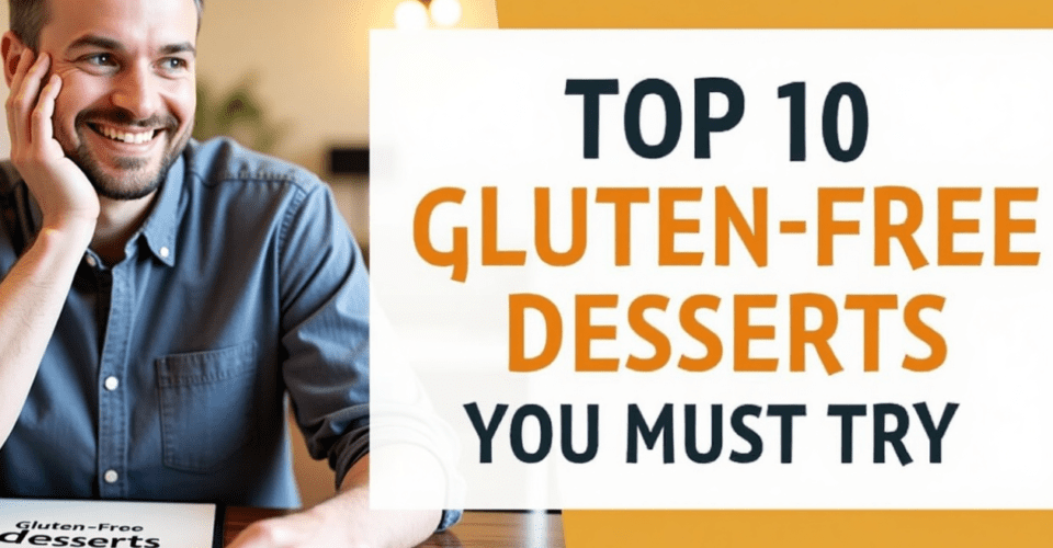A image displaying a happy man sitting with menu displaying top 10 gulten-free desserts