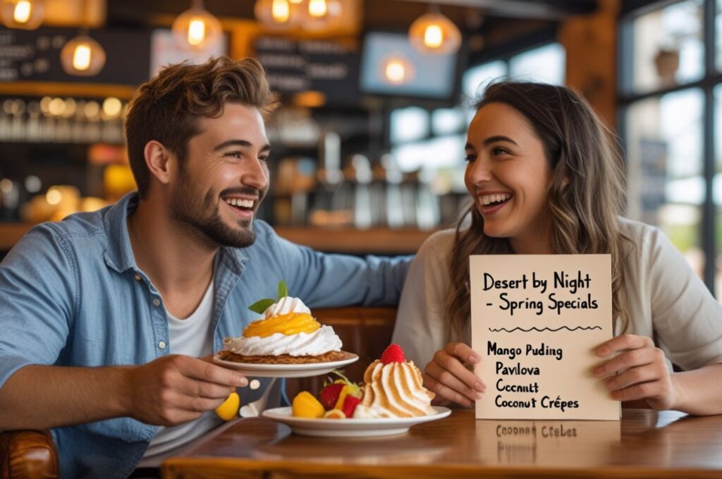 A happy couple on dessert by night cafe discussing on best spring desserts in Australia