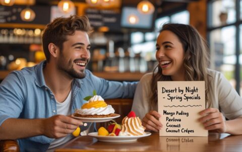 A happy couple on dessert by night cafe discussing on best spring desserts in Australia