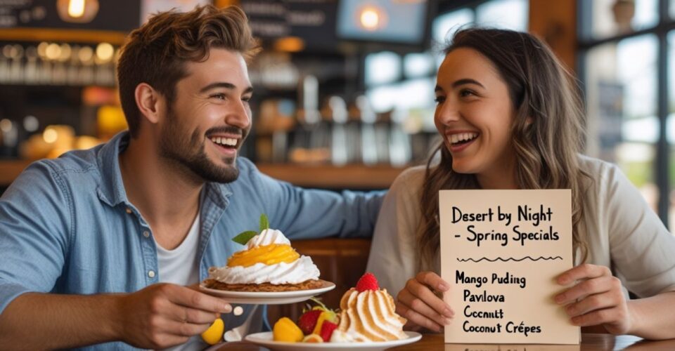 A happy couple on dessert by night cafe discussing on best spring desserts in Australia