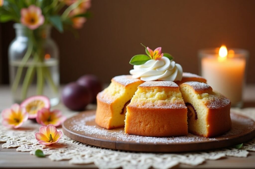 A picture of Passionfruit Sponge Cake placed on wooden table 