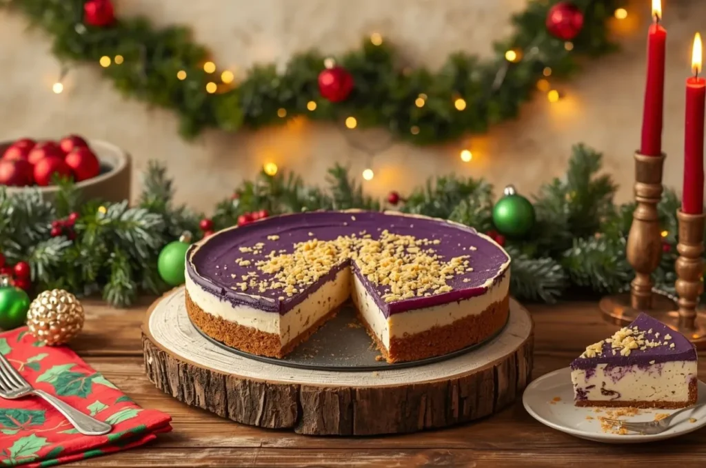 Ube & Cheddar Baked Cheesecake with christmas theme vibes around 
